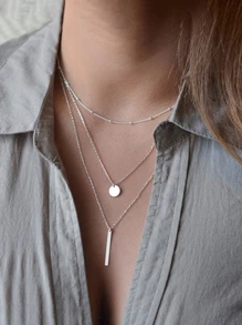 1pc Fashionable Multilayer Metal Disc Tassel Pendant Necklace For Women, Collor Bone Chain, Suitable For Party And Gift - Antique Silver - View 2