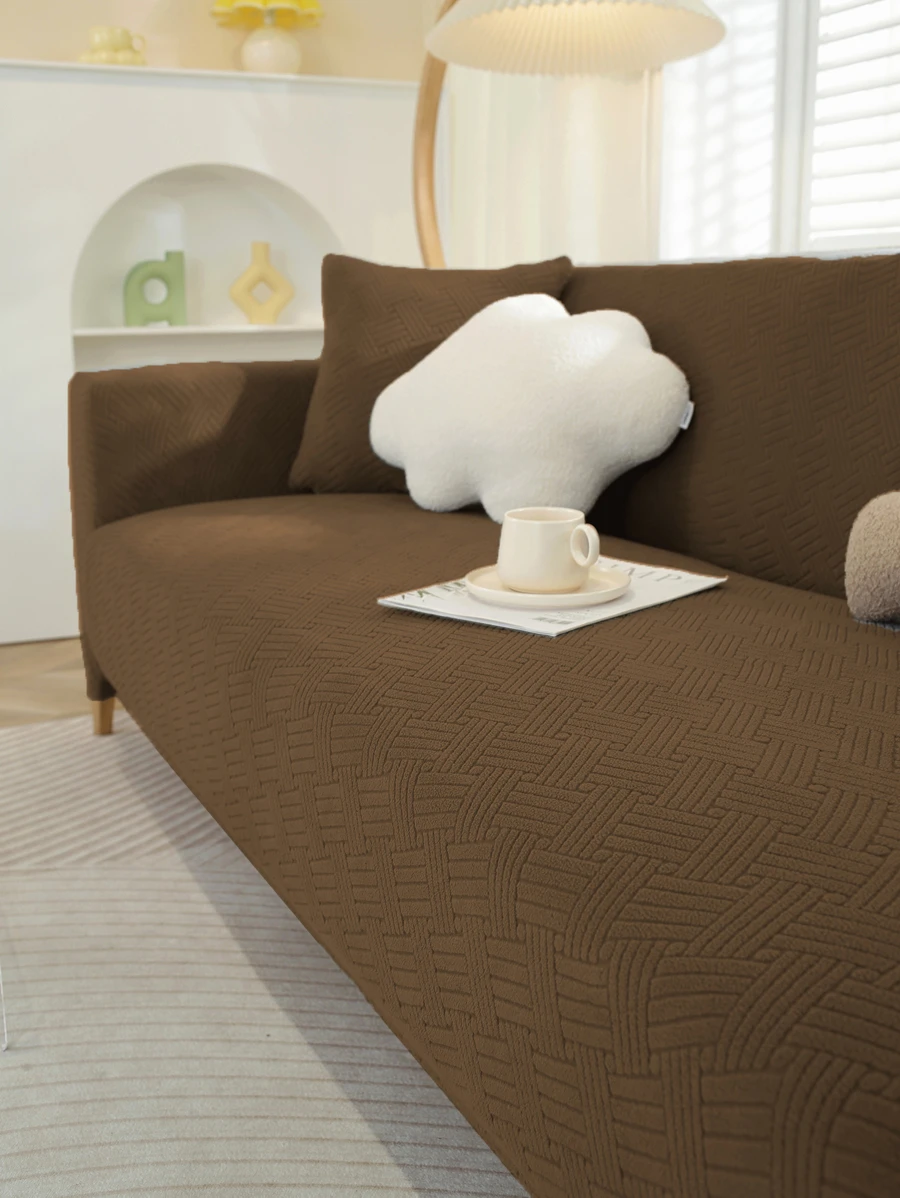 1pc Solid Color Sofa Slipcover & 1pc Cushion Cover Without Filler, Modern Polyester Stretch Sofa Slipcover For Home - Khaki - View 1
