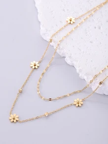 MESTILO 1入組優雅多層精緻花朵鑽石項鍊，不銹鋼雛菊鎖骨鏈女士項鍊，派對禮物 - 金色 - 查看 2