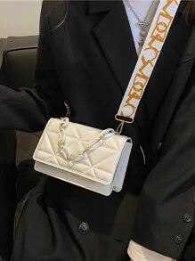 輕便商務休閒迷你鏈條裝飾絎縫翻蓋時尚方形包適合青少年女孩女大學生、菜鳥和白領，非常適合辦公室、大學、工作、商務、通勤、戶外、旅行、郊遊 - 白色 - 查看 2