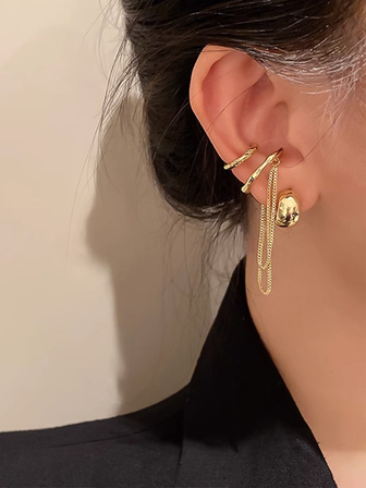 4 piezas geométrico círculo en forma de asimétrico con fleco Clip Pendientes , estilo minimalista Set joya para mujeres