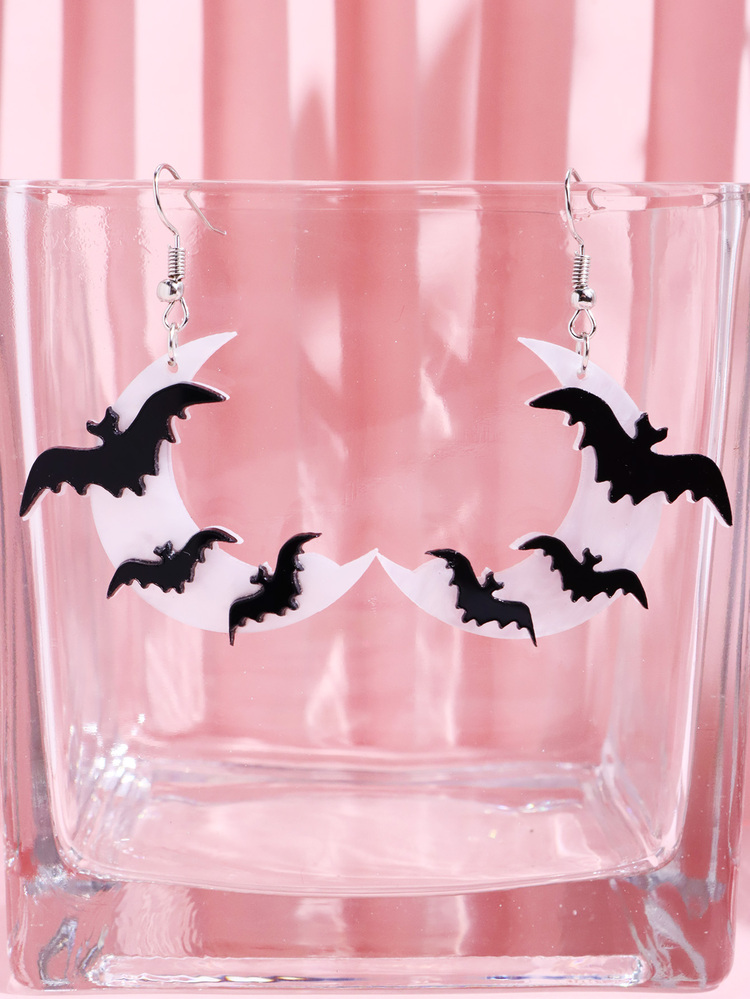 1pair Fashion PMMA Bat Moon Drop Earrings For Women For Party - Black and White - View 3
