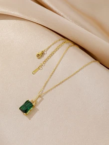 1pc -color Men's & Women's Fashionable Square Grand Green Cubic Zirconia Stone-encrusted Casual Simplicity Necklace - Yellow Gold - View 2