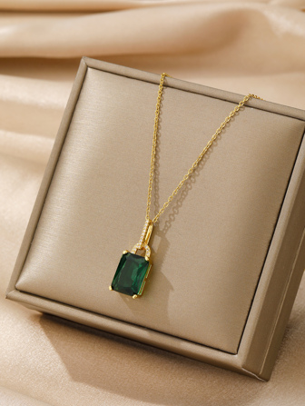 1pc -color Men's & Women's Fashionable Square Grand Green Cubic Zirconia Stone-encrusted Casual Simplicity Necklace