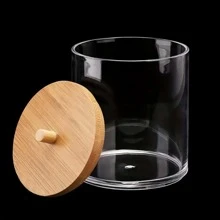 1入組亞克力棉籤架，帶竹蓋圓形棉籤架，透明藥瓶，棉籤浴室儲物罐，棉籤和棉籤，髮帶 - 無色 - 查看 7