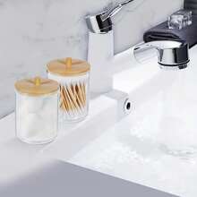 1入組亞克力棉籤架，帶竹蓋圓形棉籤架，透明藥瓶，棉籤浴室儲物罐，棉籤和棉籤，髮帶 - 無色 - 查看 2