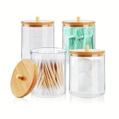 1pc Acrylic Q-tip Holders, Round Swab Holder With Bamboo Lid, Clear Apothecary Jars, Bathroom Storage Canister For Q-Tips, Pads & Swab, Hair Ties