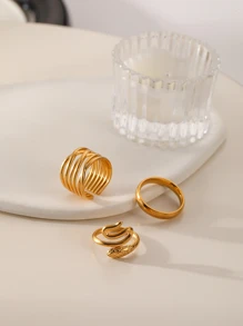 3pcs/set Fashionable Snake Pattern Stainless Steel Open Rings For Women, Birthday Gift - Yellow Gold - View 3