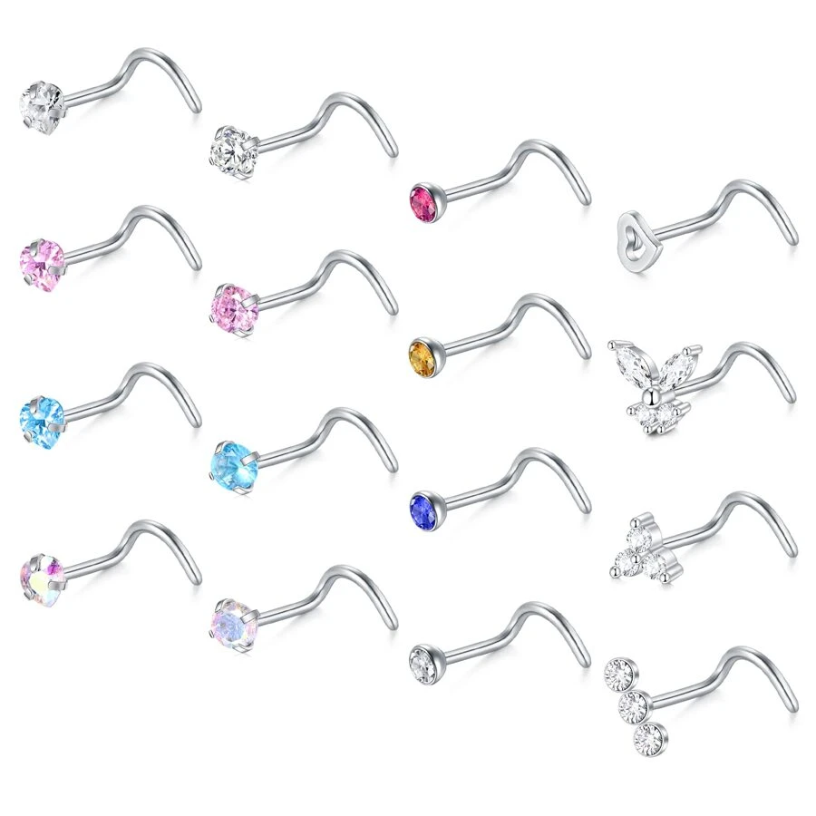 1套16入組女士鼻環,流行不銹鋼彩色氧化鋯和方晶鋯石裝飾螺絲圓錐鼻釘戒指首飾類 - 銀色 - 查看 1