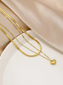 One Piece Fashionable Double Layered Simple Snake & Flat Chain, Joined With Smooth 3d Heart Pendant Personalized Necklace - Yellow Gold - View 2