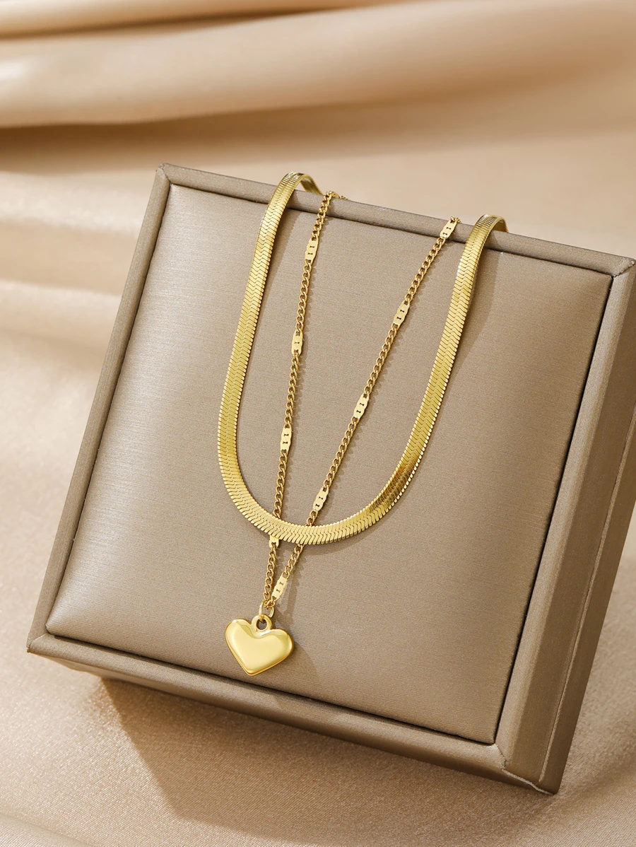 One Piece Fashionable Double Layered Simple Snake & Flat Chain, Joined With Smooth 3d Heart Pendant Personalized Necklace - Yellow Gold - View 1