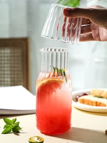 2入組/套豎條紋透明玻璃果汁投手帶蓋 - 無色 - 查看 12