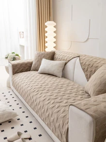 1入組北歐風格荷蘭天鵝絨刺繡素色沙發墊套帶防滑底部四個季節，沙發座椅靠背保護巾 - 駝色 - 查看 1