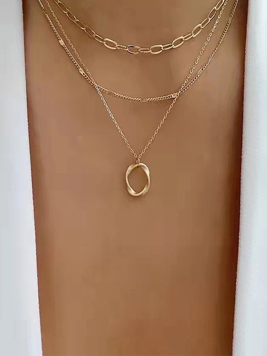 1pc Alloy Circle Pendant Chunky Chain Necklace - Gold - View 1