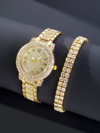 Fashion Women Full Rhinestone Roman Numbers Dial Watch With Full Rhinestone Silver Double-Layer Bracelet 2-Piece Set