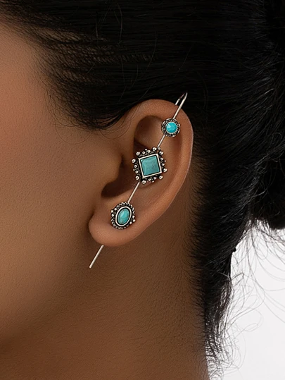 1pc Western Antique Silver Color Turquoise Stone Long Pin Stud Earring for Women