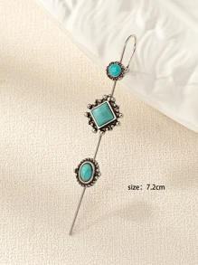 1pc Western Retro Silver-Color Turquoise Long Earrings, For Women - Antique Silver - View 3