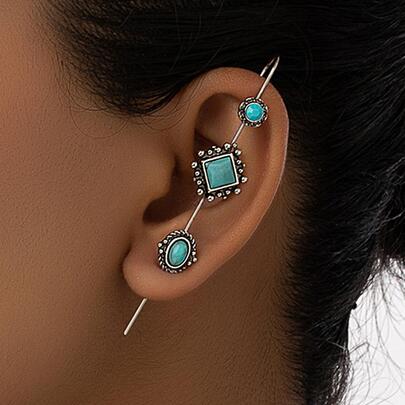 1 par de brincos longos estilo ocidental retrô prateados com turquesa, para mulheres.