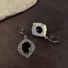 精美設計耳墜適合女士復古風格黑色石頭懸垂耳環精美女士派對配件 - 銀色 - 查看 4