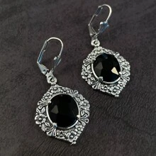 精美設計耳墜適合女士復古風格黑色石頭懸垂耳環精美女士派對配件 - 銀色 - 查看 2