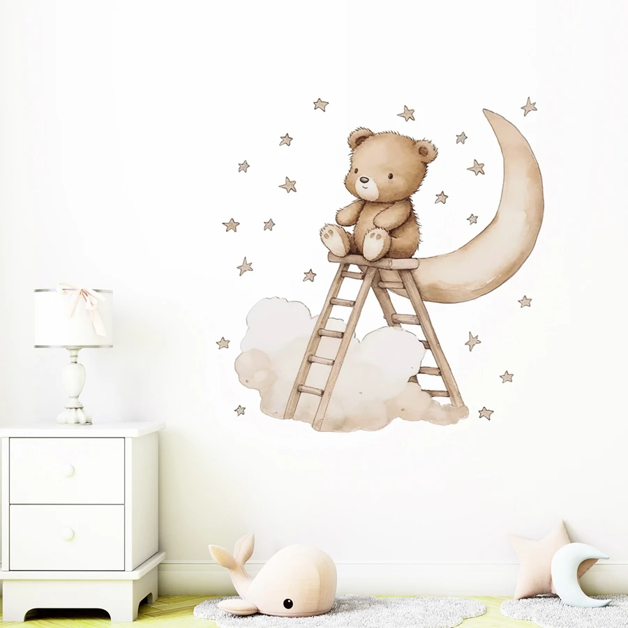 BRUP 1pc Cartoon Teddy Bear, Moon, Cloud, Ladder, Star Wall Sticker For Kids Room