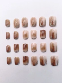 Instantly Upgrade Your Look With 24Pcs Short Square Brown Amber Smudged Golden Line Ombre Fake Nail & 1Sheet Tape & 1Pc Nail File Press On Nails Nail Supplies Nails - Multicolor - View 2