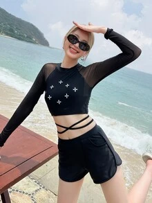 全新夏季短款露脐上衣网眼防晒分体泳衣 - 黑色 - 查看 6