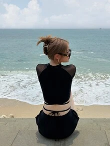 全新夏季短款露脐上衣网眼防晒分体泳衣 - 黑色 - 查看 10