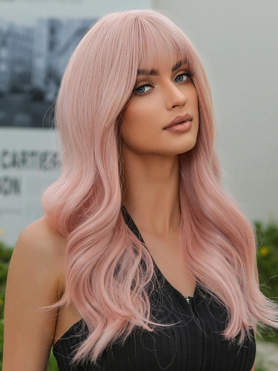 Medium Body Wave Synthetic Wig With Bangs - Pink - View 1