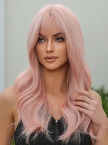 Medium Body Wave Synthetic Wig With Bangs - Pink - View 2