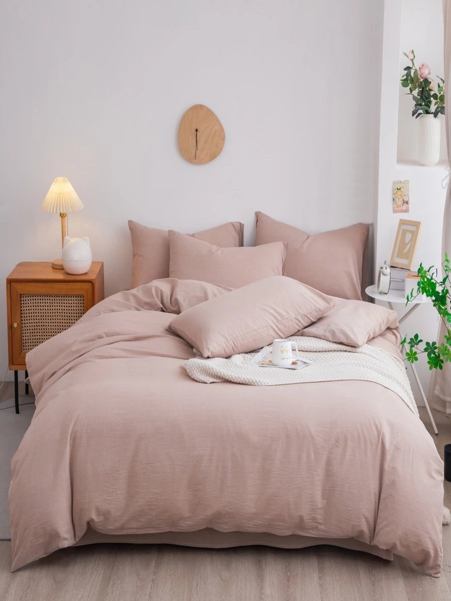 1套卡其色色織可洗床上用品套裝,包括1入組被套,2入組枕套,適用於兒童/學生宿舍單人床/雙人床/特大床,不褪色,不起球,不縮水,親膚,透氣,吸濕,可以裸睡,可機洗 - 卡其色 - 查看 1