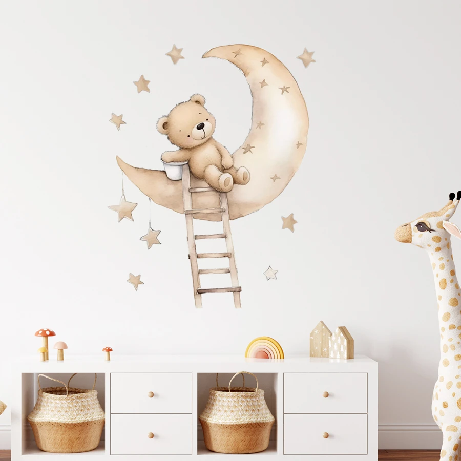 BRUP 1pc Cartoon Teddy Bear, Moon, Cloud, Ladder, Star Children Wall Sticker - Multicolor - View 1