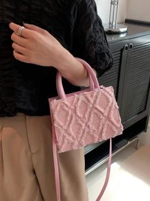 Fashionable Fringe Edge Handbag With Adjustable Shoulder Strap - Pink - View 6