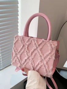 Fashionable Fringe Edge Handbag With Adjustable Shoulder Strap - Pink - View 9