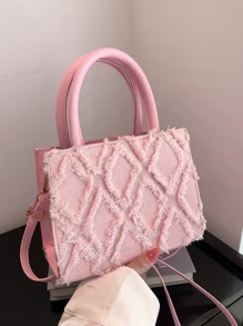 Fashionable Fringe Edge Handbag With Adjustable Shoulder Strap - Pink - View 8