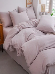 1套淺灰色色織水洗被套和枕套（3入組）適用於單人床、雙人床、大號床非常適合兒童、學生宿舍，不掉色，不起球，不縮水，親膚，透氣，吸濕，裸睡，可機洗 - 淺灰色 - 查看 3