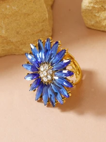 1pc Fashionable Vintage Sunflower Rhinestone Open Ring, Suitable For Banquet And Party - Baby Blue - View 3