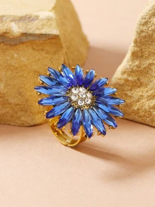 1pc Fashionable Vintage Sunflower Rhinestone Open Ring, Suitable For Banquet And Party - Baby Blue - View 1