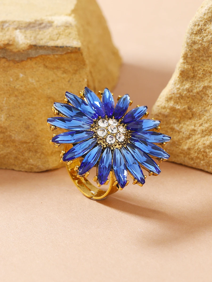 1pc Fashionable Vintage Sunflower Rhinestone Open Ring, Suitable For Banquet And Party - Baby Blue - View 1