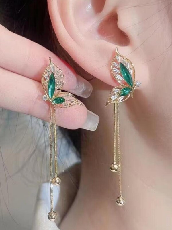 New Green Butterfly Long Tassel Korean Style Elegant Simplicity All-Match Earrings