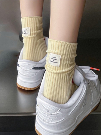 1 Pair Women's Socks, Spring/Summer Double Needle Work Casual Socks, Mediocre Leg Tube, Plain Pile Socks With Drawstring, Magazines' Favorite, Fall