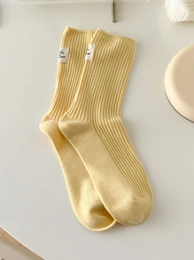 1 Pair Women's Socks, Spring/Summer Double Needle Work Casual Socks, Mediocre Leg Tube, Plain Pile Socks With Drawstring, Magazines' Favorite