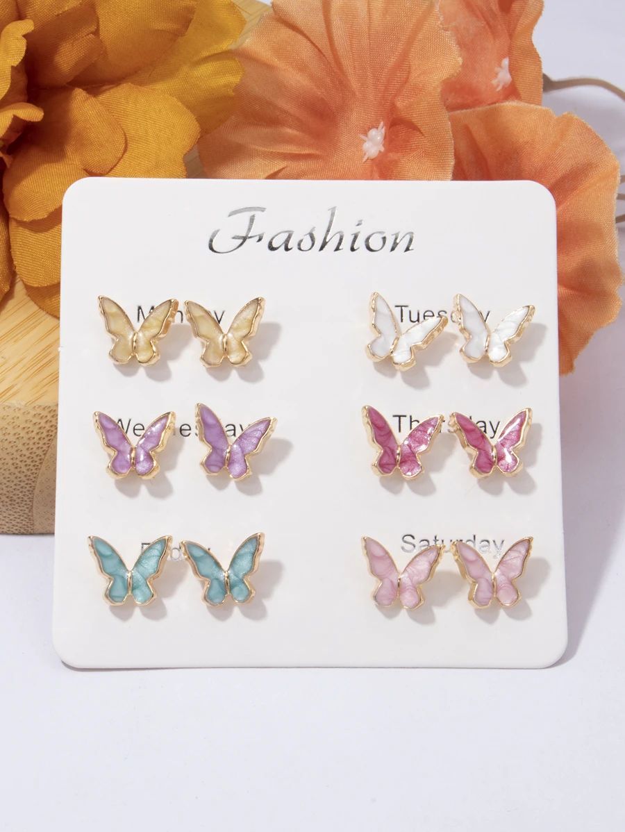 6 par/zestaw kolczyki sztyfty z motylami - Wielokolorowe - Zobacz 1
