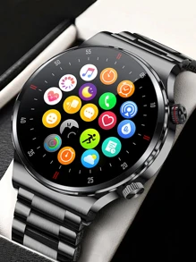 1pc Men Women Stainless Steel Strap Sporty Heart Rate Monitor Sleep Tracking Water Resistant Round Dial Smart Watch, Compatible With Androids iphone - Black - View 2