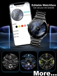 1pc Men Women Stainless Steel Strap Sporty Heart Rate Monitor Sleep Tracking Water Resistant Round Dial Smart Watch, Compatible With Androids iphone - Black - View 10