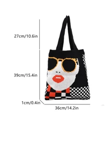 Bolso de ganchillo con patrón de figura de moda doble asa para vacación - Negro - Ver 2