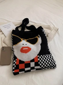 Bolso de ganchillo con patrón de figura de moda doble asa para vacación - Negro - Ver 4