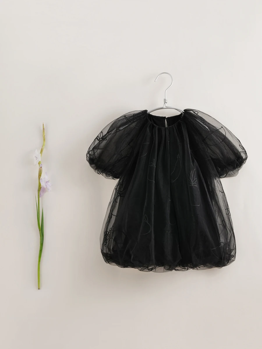 Toddler Girls Solid Mesh Overlay Puff Sleeve Dress - Black - View 1