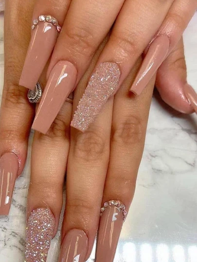 Elevate Your Style With 24Pcs Light Pink Glitter French Press On Toenails, Long Coffin Rhinestone Full Cover Fake Toe Nail Kit Nail Supplies Nails