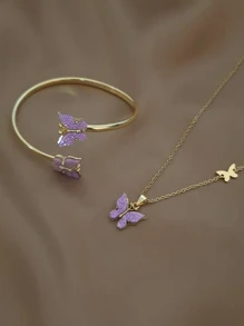 2 Stücke Lila Schmetterling Acryl Dekoriert Halskette mit & Armband Schmuck Set mit